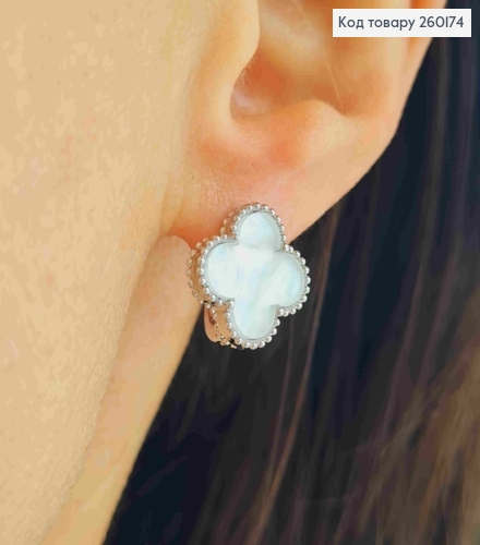 Серьги серебряного цвета, Van Cleef с перламутровой эмалью (1,4см), англ. застежка, Fashion Jewelry 260174 фото 3