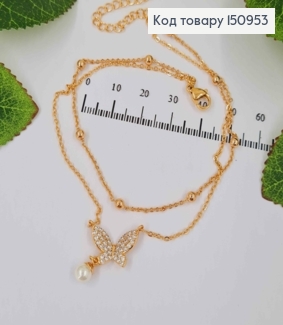 Браслет двойной, с шариками и подвеской Бабочкой и жемчужиной, дл. 24+5см, Xuping 18K 150953 фото