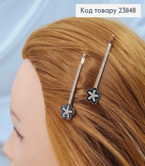 Набір невидимок (2шт) 6,5см, в камінцях, З Квіточкою з чорною емалькою, 2шт/наб. 231148 фото