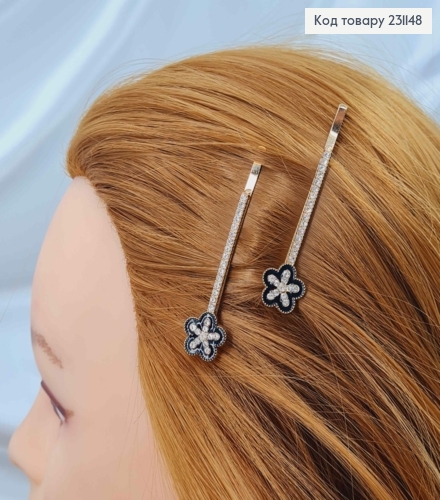 Набор невидимок (2шт) 6,5см, в камешках, с цветочком с черной эмалькой, 2шт/наб. 231148 фото 1