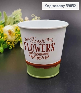 Відерце-кашпо, метал, білого кольору з зеленою окантовкою, "Flowers", висота 8см, Польща 591152 фото