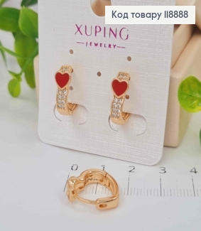 Сережки кільця "Серце" з Блискучими камінцями та Червоною емаллю,  1,4см, Xuping 18K 118888 фото