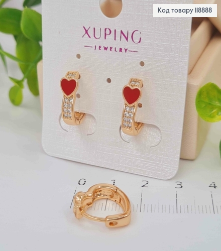 Сережки кільця "Серце" з Блискучими камінцями та Червоною емаллю,  1,4см, Xuping 18K 118888 фото 1