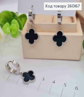 Серьги кольца(1,3см) Серебряного цвета с подвеской Van Cleef с Черной эмалью(1,4см),Stainless Steel 260167 фото