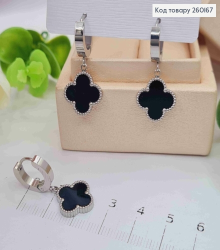 Серьги кольца(1,3см) Серебряного цвета с подвеской Van Cleef с Черной эмалью(1,4см),Stainless Steel 260167 фото 1