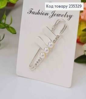Брошь Шпилька, серебряного цвета с тремя жемчужинами, длина 5,5см 235329 фото