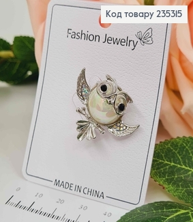 Брошка СОВА  з камінцями та бусинкою, СРІБНОГО кольору, 3*2,5см 235315 фото