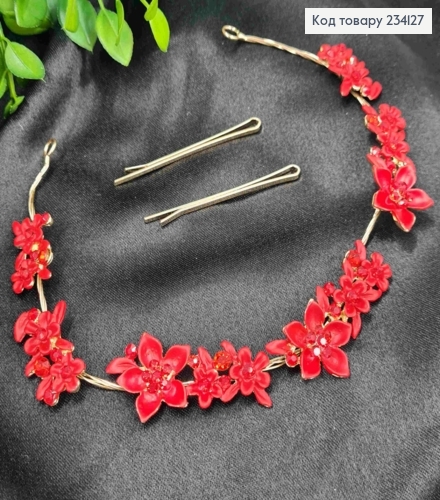 Гілочка для волосся, з Квітами та камінчиками, Червоного кольору, 29см 234127 фото 1