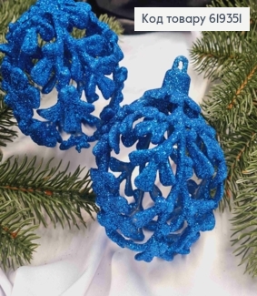 Новогодняя игрушка круглая "Веточка" синего цвета с блеском, пластиковая, диаметр 9см, Украина. 619351 фото