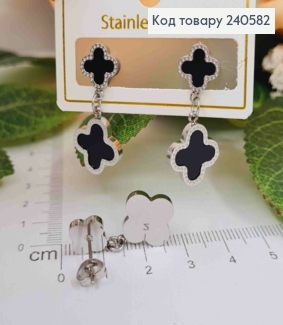 Серьги гвоздики серебряного цвета, с черной эмалью, двойные "Van Cleef", 1,6см, Stainless Steel 260055 фото