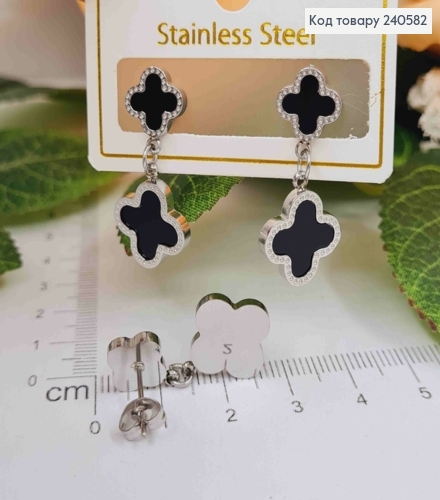 Серьги гвоздики серебряного цвета, с черной эмалью, двойные "Van Cleef", 1,6см, Stainless Steel 260055 фото 1