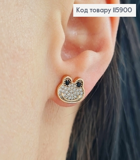 Сережки гвоздики, "Жабка", мордочка жабки в камінцях, 1см, Xuping 18K 115900 фото