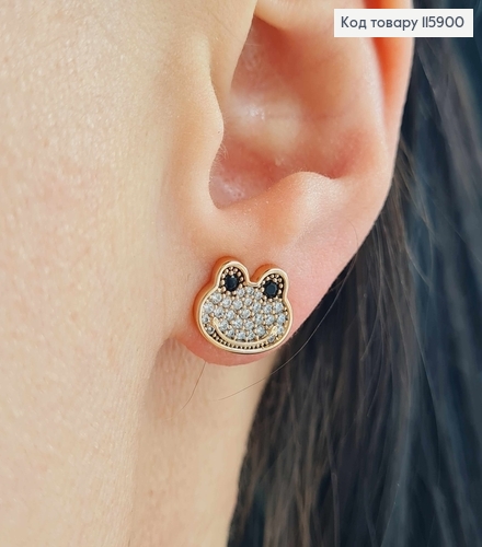 Сережки гвоздики, "Жабка", мордочка жабки в камінцях, 1см, Xuping 18K 115900 фото 1