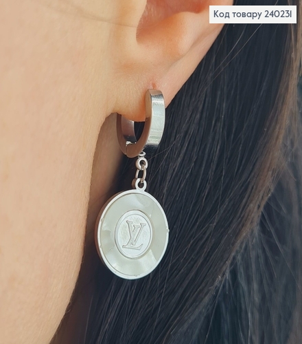 Сережки родированые кольца LVMH с белой вставкой, 3*1,5см, Stainless Steel 240231 фото 3