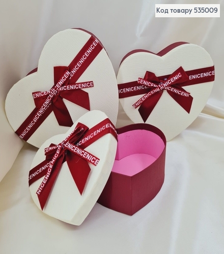 Набор коробок сердце 3шт бордовых с бантом 14х16х6см, 17х18х7 см, 20х21х9 см 535009 фото 1
