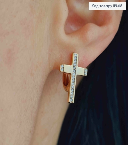Серьги кольца с Крестиком в камешках (1,7*1,1см), диаметр 1,2см, Xuping 18К 119418 фото 1