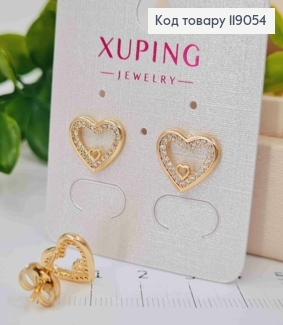 Серьги гвоздики "СЕРДЦЕ" с Блестящими камешками, 1*1,3см, Xuping 18К 119054 фото