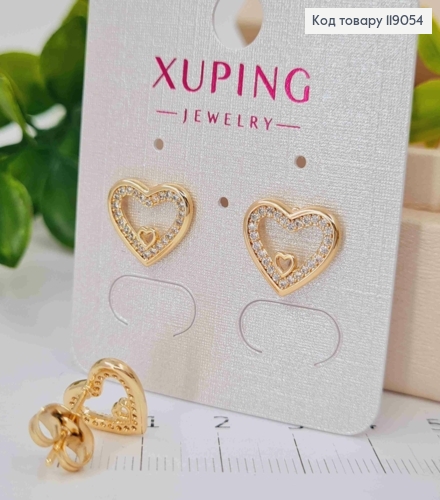 Серьги гвоздики "СЕРДЦЕ" с Блестящими камешками, 1*1,3см, Xuping 18К 119054 фото 1