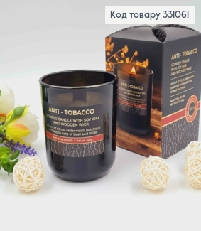 Аромасвечка стакан СОЕВА,древесный фитиль, ANTI-TOBACO(citrus+cerdawood+patchouli),150г/40час.,Польша 331061 фото