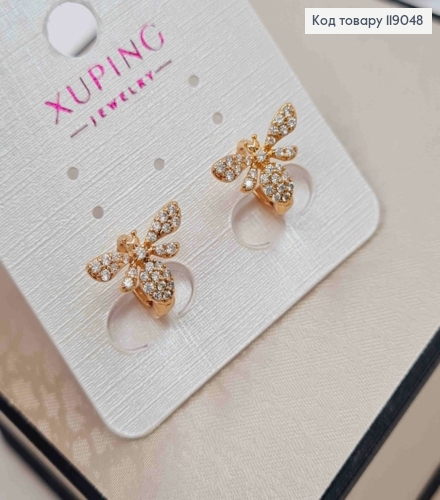 Серьги кольца (1см) "Пчелка" украшена Блестящими камешками, 1см, Xuping 18K 119048 фото 3