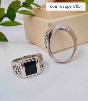 Перстень-печать родованный с Черной эмалью и ажурной вставкой, Xuping 171101 фото