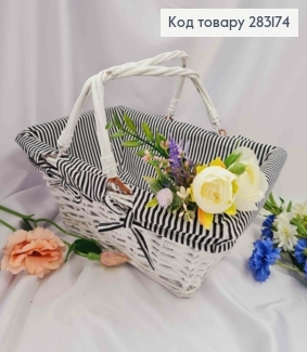 Кошик плетений прямокутний, з Чорно-Білою смугастою тканиною, довжина 35см, ширина 26см, глибна 15см 283174 фото