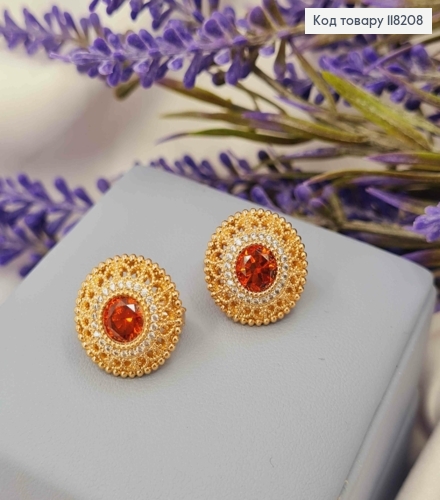 Сережки "Райська Богемія" з Червоним камінцем, 1,5см, англійська застібка, Xuping 18K 118208 фото 2