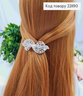 Заколка автомат, АЖУРНЫЕ ЛИСТЬЯ украшена Блестящими камешками, Серебряного цвета, 7см 221190 фото