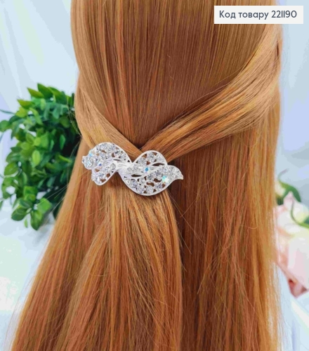 Заколка автомат, АЖУРНЫЕ ЛИСТЬЯ украшена Блестящими камешками, Серебряного цвета, 7см 221190 фото 1