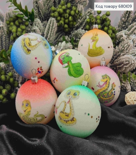 Набор шаров 80мм Иний Символ года ЗМЕЯ, 6шт/уп,  в асорт., новогоднее украшение, пластик,Украина 680109 фото 1