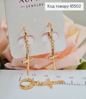 Серьги кольца 1см с подвесками КРЕСТИКИ 1,5*1см, XUPING 18K 115502 фото