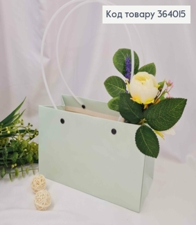 Флористическая сумочка глянцевая ГОЛУБАЯ для цветов и подарков, с пластиковыми ручками 22*11*13,5см 364015 фото