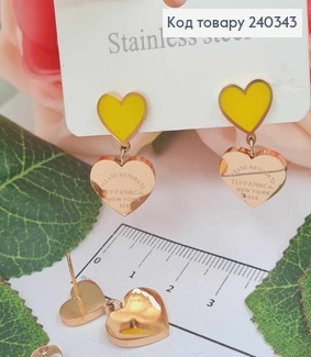 Серьги гвоздики, с подвесками сердечками, с желтой эмалью, золотого цвета, сталь Stainless Steel 260008 фото