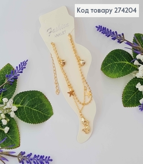 Браслет на ногу двойной золотого цвета с русалкой, ракушками, звездочками 20+5см, Fashion ANKLET 274112 фото