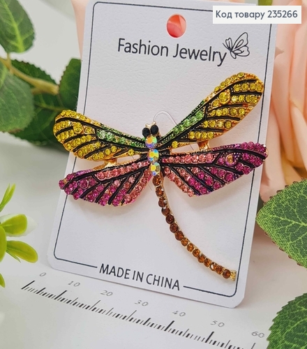 Брошь Стрекоза в камнях Розового и Зеленого цветов 6*4,5см 235266 фото 1