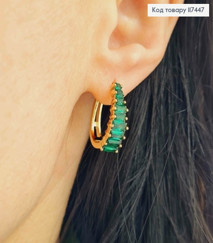 Серьги овальные, с камешками в один ряд Зеленого цвета, длина 1,9см, XUPING 18K 117447 фото 3