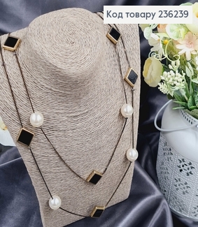 Підвіска на шию подвійна з Перлинками та чорними ромбами, 170см 236239 фото