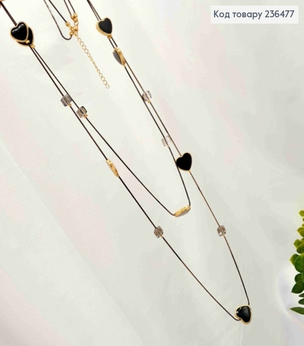 Бижутерия на шею двойная с Сердечками и квадратными бусинами, 88+4см, Черного+Золото цвета 236477 фото 2