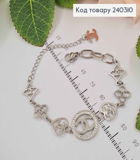 Браслет серебряного цвета "Шанель" с фигурками, 17,5+5см сталь Stainless Steel 240310 фото
