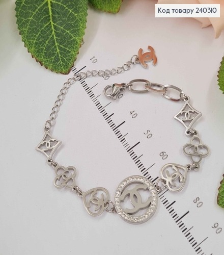 Браслет серебряного цвета "Шанель" с фигурками, 17,5+5см сталь Stainless Steel 240310 фото 1