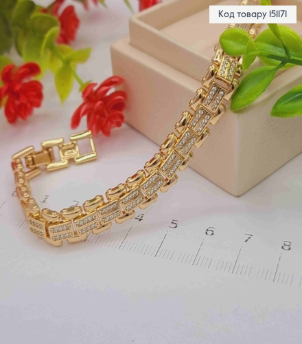 Браслет с Блестящими камешками на Прямоугольных пластинах, длина 19см, Xuping 18K 151171 фото 1