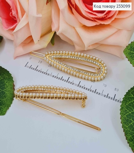 Заколка на зажимчике, в форме Капельки в камнях и жемчужинах, 7см 233099 фото 1
