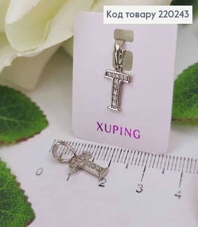 Кулон родований, Буква "T" в камінцях, 1см, Xuping  220243 фото