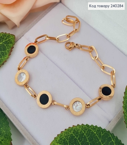 Браслет 16+5см Римские часы черная и перламутровая эмаль, цвет золото Stainless Steel 240284 фото 1