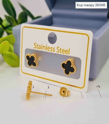 Серьги гвоздики, лимонного цвета, с черной эмалью, "Van Cleef", 9мм, сталь Stainless Steel 260145 фото 2
