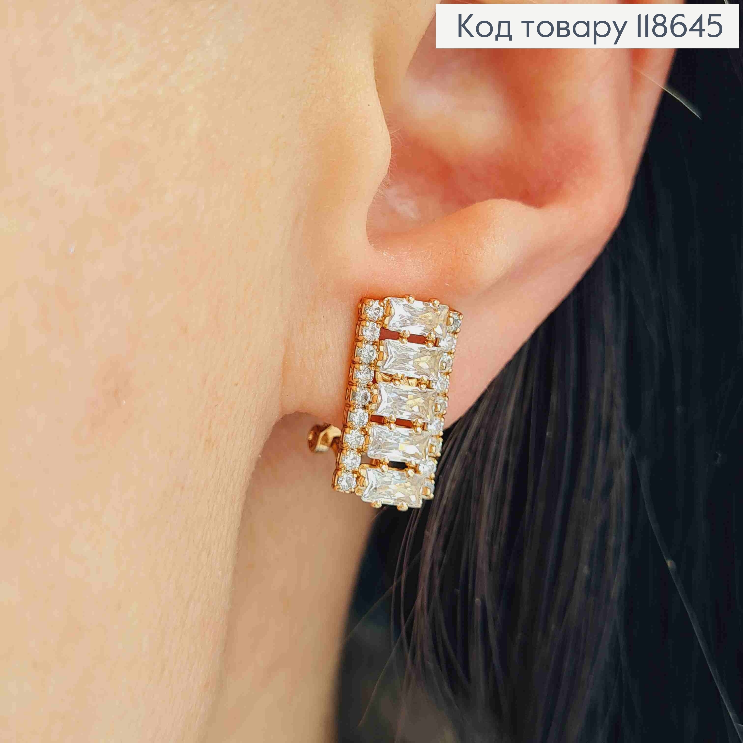 Серьги - Клипсы украшены Блестящими камешками, ширина 0,8см, длина 1,5см, Xuping 18К. 118645 фото 2