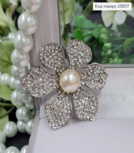 Брошка метал Цветок серебро с камушками и жемчужиной 5х5см 235177 фото 2