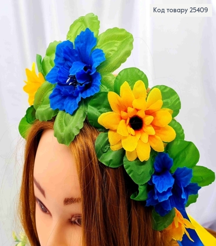 Обруч-віночок "Соняшники, Волошки" зі стрічками (40см), ручна робота, Україна 287008 фото 1