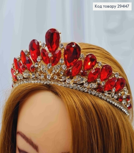 Диадема "Роскошная" украшена Красными и Блестящими камнями, в золотом цвете, 5,5см наивысшая точка 294147 фото 1