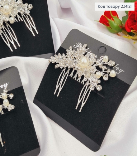 Гребінь у волосся, срібного кольору, Квітка з гілочкою в камінцях з перлинами, довжина 8,5см в асор 234121 фото 2